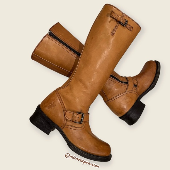 Frye Shoes - $399 Frye Veronica Engineer Whisky Tan Leather Moto Riding Tall Buckle Boot
